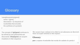 Glossary
newglossaryentry{gene}{
name = {gene},
description = {a sequence of
nucleotides that encodes
the synthesis of a protein}
}
The concept of gls{gene} continues to
be refined as new phenomena are
discovered. Glspl{gene} can acquire
mutations in their sequence.
15
 