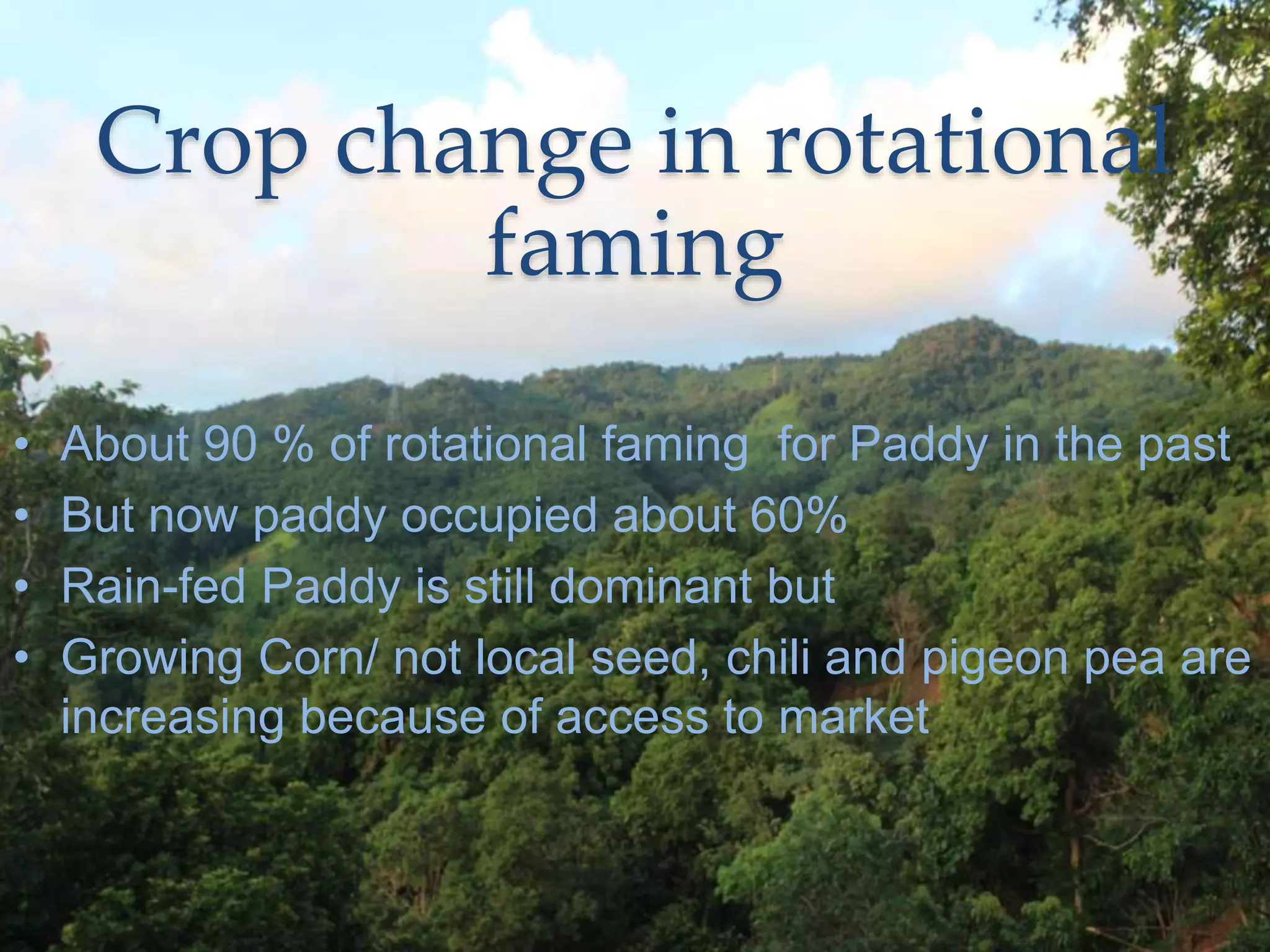 Crop change in rotational
faming
• About 90 % of rotational faming for Paddy in the past
• But now paddy occupied about 60%
• Rain-fed Paddy is still dominant but
• Growing Corn/ not local seed, chili and pigeon pea are
increasing because of access to market
 