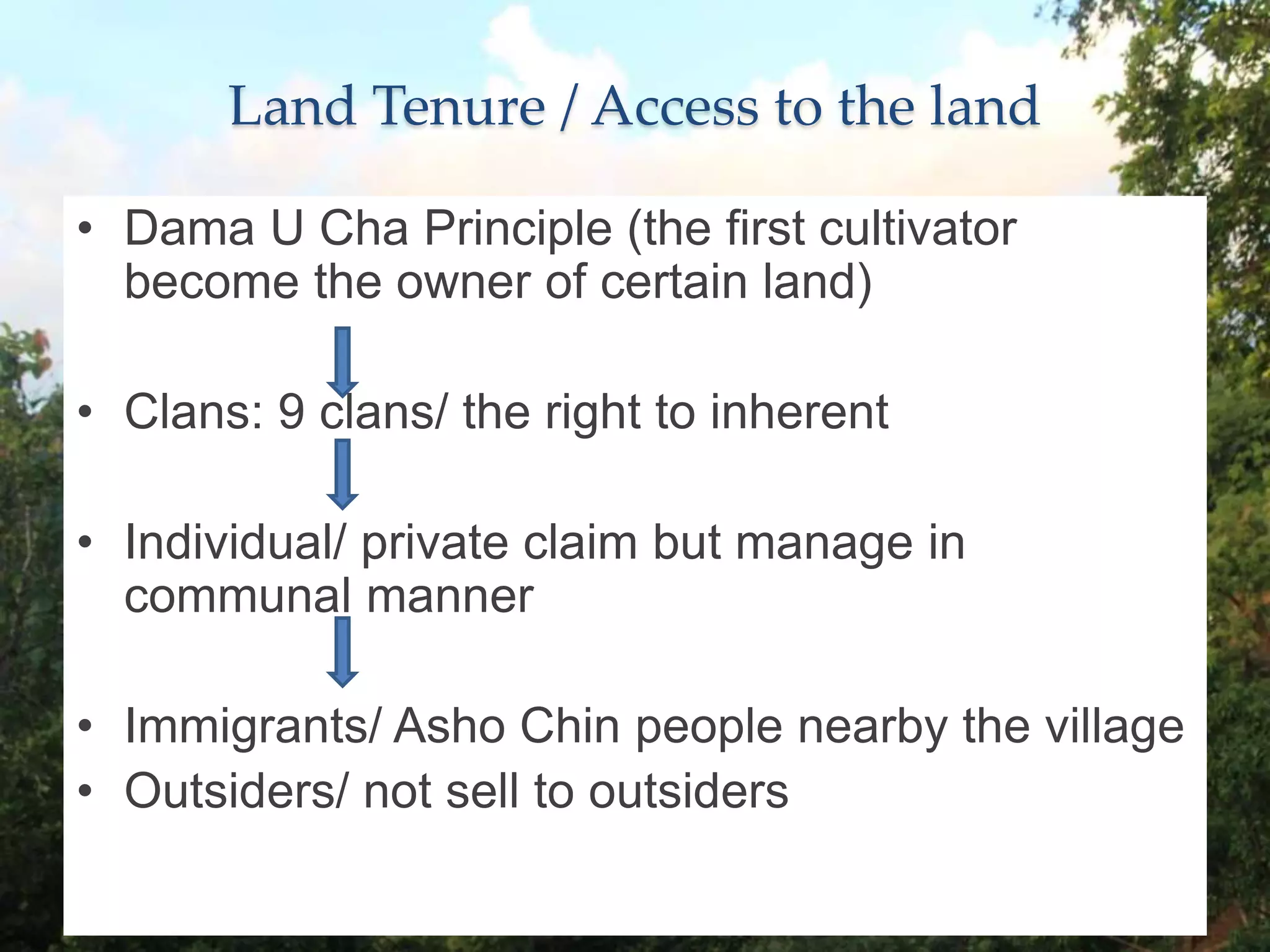 Land Tenure / Access to the land
• Dama U Cha Principle (the first cultivator
become the owner of certain land)
• Clans: 9 clans/ the right to inherent
• Individual/ private claim but manage in
communal manner
• Immigrants/ Asho Chin people nearby the village
• Outsiders/ not sell to outsiders
 
