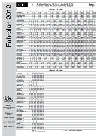 KEVAG
Verkehrs−Service
2/12 2: Karthause (Akazienweg)− KO−Zentrum − Neuendorf (M.−Bär−Str.)
12: Karthause (Friedhof) − KO−Zentrum − Wallersheim (A.−Borsig−Str.)
GmbH
Schützenstr.
80−82
56068 Koblenz
(02 61) 3 92 17 77
www.kevag.de
Fahrplan2012 c c c c c c c c c c c
14.32 14.59 15.29 15.59 16.32 16.59 17.29 17.59 18.29 18.59 19.29
14.33 15.03 15.33 16.03 16.33 17.03 17.33 18.03 18.33 19.03 19.33
14.34 15.04 15.34 16.04 16.34 17.04 17.34 18.04 18.34 19.04 19.34
14.35 15.05 15.35 16.05 16.35 17.05 17.35 18.05 18.35 19.05 19.35
14.36 15.06 15.36 16.06 16.36 17.06 17.36 18.06 18.36 19.06 19.36
14.37 15.07 15.37 16.07 16.37 17.07 17.37 18.07 18.37 19.07 19.37
14.17 14.47 15.17 15.47 16.17 16.47 17.17 17.47 18.17 18.47 19.17
14.18 14.48 15.18 15.48 16.18 16.48 17.18 17.48 18.18 18.48 19.18
14.19 14.49 15.19 15.49 16.19 16.49 17.19 17.49 18.19 18.49 19.19
14.20 14.50 15.20 15.50 16.20 16.50 17.20 17.50 18.20 18.50 19.20
14.22 14.38 14.52 15.08 15.22 15.38 15.52 16.08 16.22 16.38 16.52 17.08 17.22 17.38 17.52 18.08 18.22 18.38 18.52 19.08 19.22 19.38
14.23 14.39 14.53 15.09 15.23 15.39 15.53 16.09 16.23 16.39 16.53 17.09 17.23 17.39 17.53 18.09 18.23 18.39 18.53 19.09 19.23 19.39
14.24 14.40 14.54 15.10 15.24 15.40 15.54 16.10 16.24 16.40 16.54 17.10 17.24 17.40 17.54 18.10 18.24 18.40 18.54 19.10 19.24 19.40
14.41 15.11 15.41 16.11 16.41 17.11 17.41 18.11 18.41 19.11 19.41
14.42 15.12 15.42 16.12 16.42 17.12 17.42 18.12 18.42 19.12 19.42
14.25 14.55 15.25 15.55 16.25 16.55 17.25 17.55 18.25 18.55 19.25
14.26 14.56 15.26 15.56 16.26 16.56 17.26 17.56 18.26 18.56 19.26
14.27 14.57 15.27 15.57 16.27 16.57 17.27 17.57 18.27 18.57 19.27
14.28 14.58 15.28 15.58 16.28 16.58 17.28 17.58 18.28 18.58 19.28
14.43 15.13 15.43 16.13 16.43 17.13 17.43 18.13 18.43 19.13 19.43
14.29 14.44 14.59 15.14 15.29 15.44 15.59 16.14 16.29 16.44 16.59 17.14 17.29 17.44 17.59 18.14 18.29 18.44 18.59 19.14 19.29 19.44
14.30 14.45 15.00 15.15 15.30 15.45 16.00 16.15 16.30 16.45 17.00 17.15 17.30 17.45 18.00 18.15 18.30 18.45 19.00 19.15 19.30 19.45
14.31 14.46 15.01 15.16 15.31 15.46 16.01 16.16 16.31 16.46 17.01 17.16 17.31 17.46 18.01 18.16 18.31 18.46 19.01 19.16 19.31 19.46
14.32 14.47 15.02 15.17 15.32 15.47 16.02 16.17 16.32 16.47 17.02 17.17 17.32 17.47 18.02 18.17 18.32 18.47 19.02 19.17 19.32 19.47
14.34 14.49 15.04 15.19 15.34 15.49 16.04 16.19 16.34 16.49 17.04 17.19 17.34 17.49 18.04 18.19 18.34 18.49 19.04 19.19 19.34 19.49
14.36 14.51 15.06 15.21 15.36 15.51 16.06 16.21 16.36 16.51 17.06 17.21 17.36 17.51 18.06 18.21 18.36 18.51 19.06 19.21 19.36 19.51
14.40 14.55 15.10 15.25 15.40 15.55 16.10 16.25 16.40 16.55 17.10 17.25 17.40 17.55 18.10 18.25 18.40 18.55 19.10 19.25 19.40 19.55
14.45 15.00 15.15 15.30 15.45 16.00 16.15 16.30 16.45 17.00 17.15 17.30 17.45 18.00 18.15 18.30 18.45 19.00 19.15 19.30 19.45 20.00
14.48 15.03 15.18 15.33 15.48 16.03 16.18 16.33 16.48 17.03 17.18 17.33 17.48 18.03 18.18 18.33 18.48 19.03 19.18 19.33 19.48 20.03
14.49 15.04 15.19 15.34 15.49 16.04 16.19 16.34 16.49 17.04 17.19 17.34 17.49 18.04 18.19 18.34 18.49 19.04 19.19 19.34 19.49 20.04
14.50 15.05 15.20 15.35 15.50 16.05 16.20 16.35 16.50 17.05 17.20 17.35 17.50 18.05 18.20 18.35 18.50 19.05 19.20 19.35 19.50 20.05
14.52 15.06 15.22 15.36 15.52 16.06 16.22 16.36 16.52 17.06 17.22 17.36 17.52 18.06 18.22 18.36 18.52 19.06 19.22 19.36 19.52 20.06
14.53 15.07 15.23 15.37 15.53 16.07 16.23 16.37 16.53 17.07 17.23 17.37 17.53 18.07 18.23 18.37 18.53 19.07 19.23 19.37 19.53 20.07
14.55 15.25 15.55 16.25 16.55 17.25 17.55 18.25 18.55 19.25 19.55
15.09 15.38 16.08 16.38 17.09 17.38 18.08 18.38 19.08 19.38 20.08
15.11 15.40 16.10 16.40 17.11 17.40 18.10 18.40 19.10 19.40 20.10
15.13 15.42 16.12 16.42 17.13 17.42 18.12 18.42 19.12 19.42 20.12
15.15 15.44 16.14 16.44 17.15 17.44 18.14 18.44 19.14 19.44 20.14
14.56 15.26 15.56 16.26 16.56 17.26 17.56 18.26 18.56 19.26 19.56
14.57 15.27 15.57 16.27 16.57 17.27 17.57 18.27 18.57 19.27 19.57
15.01 15.31 16.01 16.31 17.01 17.31 18.01 18.31 19.01 19.31 20.03
15.02 15.32 16.02 16.32 17.02 17.32 18.02 18.32 19.02 19.32 20.04
15.04 15.34 16.04 16.34 17.04 17.34 18.04 18.34 19.04 19.34 20.06
Montag − Freitag
Akazienweg ab
Karl−Härle−Str.
Karthäuserhofweg
Rüsternallee (FH)
Meißener Str.
Greifswalderstr.
Friedhofskapelle
Am Vogelschutzpark
Kuckucksweg
Am Flugfeld
Magdeburger Str.
Bundesarchiv
Zeisigstr.
Pionierhöhe
Simmerner Str.
Zeppelinstr.
Am Falkenhorst
Löwentor
Hüberlingsweg (12)
Hüberlingsweg (2)
Fort Konstantin
Hauptbahnhof West
Waisenhausstr.
Brüderhaus
Roonstr.
Christuskirche
Zentralplatz
Löhr−Center
Balduinbrücke
Otto−Falckenberg−Str.
Memeler Str.
Hüttenstück
Brenderweg
Herberichstr.
Plankenweg Süd
Langenaustr.
Fritz−Michel−Str.
Max−Bär−Str.
Nauweg
Messepl. Wallersheim
August−Borsig−Str.
Kammertsweg
Deutschherrenstr. an
c k r r r r
20.01 21.01 22.01 23.01
20.02 21.02 22.02 23.02
20.03 21.03 22.03 23.03
20.04 21.04 22.04 23.04
20.05 21.05 22.05 23.05
20.06 21.06 22.06 23.06
19.47
19.48
19.49
19.50
19.52 20.07 21.07 22.07 23.07
19.53 20.08 21.08 22.08 23.08
19.54 20.09 21.09 22.09 23.09
19.55 20.10 21.10 22.10 23.10
19.56 20.11 21.11 22.11 23.11
19.57 20.12 21.12 22.12 23.12
19.58 20.13 21.13 22.13 23.13
19.59 20.14 21.14 22.14 23.14
20.00 20.15 21.15 22.15 23.15
20.01 20.16 21.16 22.16 23.16
20.02 20.17 21.17 22.17 23.17
20.04 20.19 21.19 22.19 23.19
20.06 20.21 21.21 22.21 23.21
20.10 20.25 21.25 22.25 23.25
20.15 20.30 21.30 22.30 23.30
20.33 21.33 22.33 23.33
20.34 21.34 22.34 23.34
20.35 21.35 22.35 23.35
20.36 21.36 22.36 23.36
20.37 21.37 22.37 23.37
20.39 21.39 22.39 23.39
20.41 21.41 22.41 23.41
20.42 21.42 22.42 23.42
20.43 21.43 22.43 23.43
20.44 21.44 22.44 23.44
20.45 21.45 22.45 23.45
20.47 21.47 22.47 23.47
Montag − Freitag
Akazienweg ab
Karl−Härle−Str.
Karthäuserhofweg
Rüsternallee (FH)
Meißener Str.
Greifswalderstr.
Friedhofskapelle
Am Vogelschutzpark
Kuckucksweg
Am Flugfeld
Magdeburger Str.
Bundesarchiv
Zeisigstr.
Pionierhöhe
Simmerner Str.
Zeppelinstr.
Am Falkenhorst
Löwentor
Hüberlingsweg (12)
Hüberlingsweg (2)
Fort Konstantin
Hauptbahnhof West
Waisenhausstr.
Brüderhaus
Roonstr.
Christuskirche
Zentralplatz
Löhr−Center
Balduinbrücke
Otto−Falckenberg−Str.
Memeler Str.
Hüttenstück
Brenderweg
Herberichstr.
Plankenweg Süd
Langenaustr.
Fritz−Michel−Str.
Max−Bär−Str.
Nauweg
Messepl. Wallersheim
August−Borsig−Str.
Kammertsweg
Deutschherrenstr. an
c : Linie 12
k : Fahrt endet am Löhr−Center
r : Linie 2, über Löwentor, Plankenweg
 