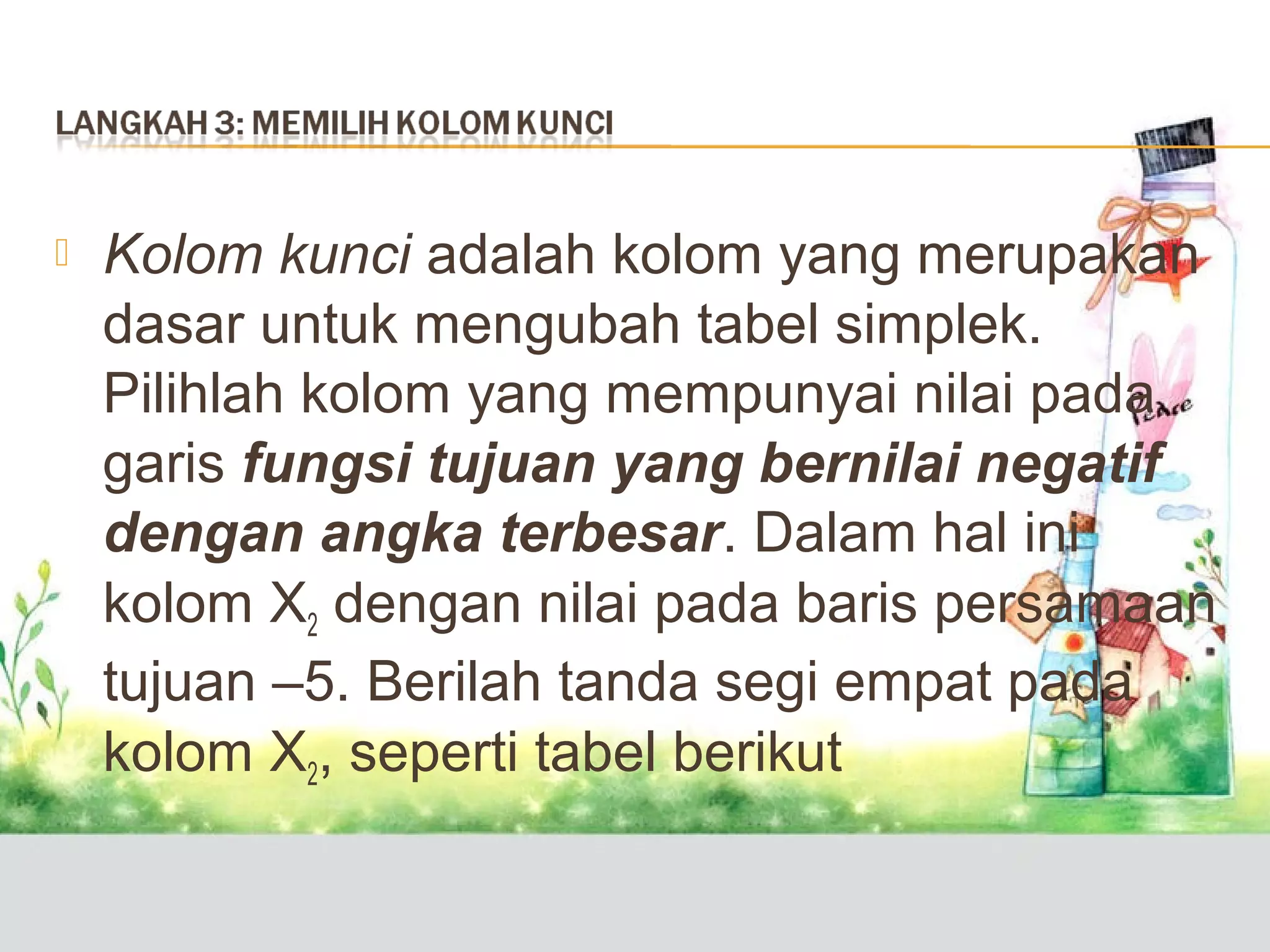 

Kolom kunci adalah kolom yang merupakan
dasar untuk mengubah tabel simplek.
Pilihlah kolom yang mempunyai nilai pada
garis fungsi tujuan yang bernilai negatif
dengan angka terbesar. Dalam hal ini
kolom X2 dengan nilai pada baris persamaan
tujuan –5. Berilah tanda segi empat pada
kolom X2, seperti tabel berikut

 