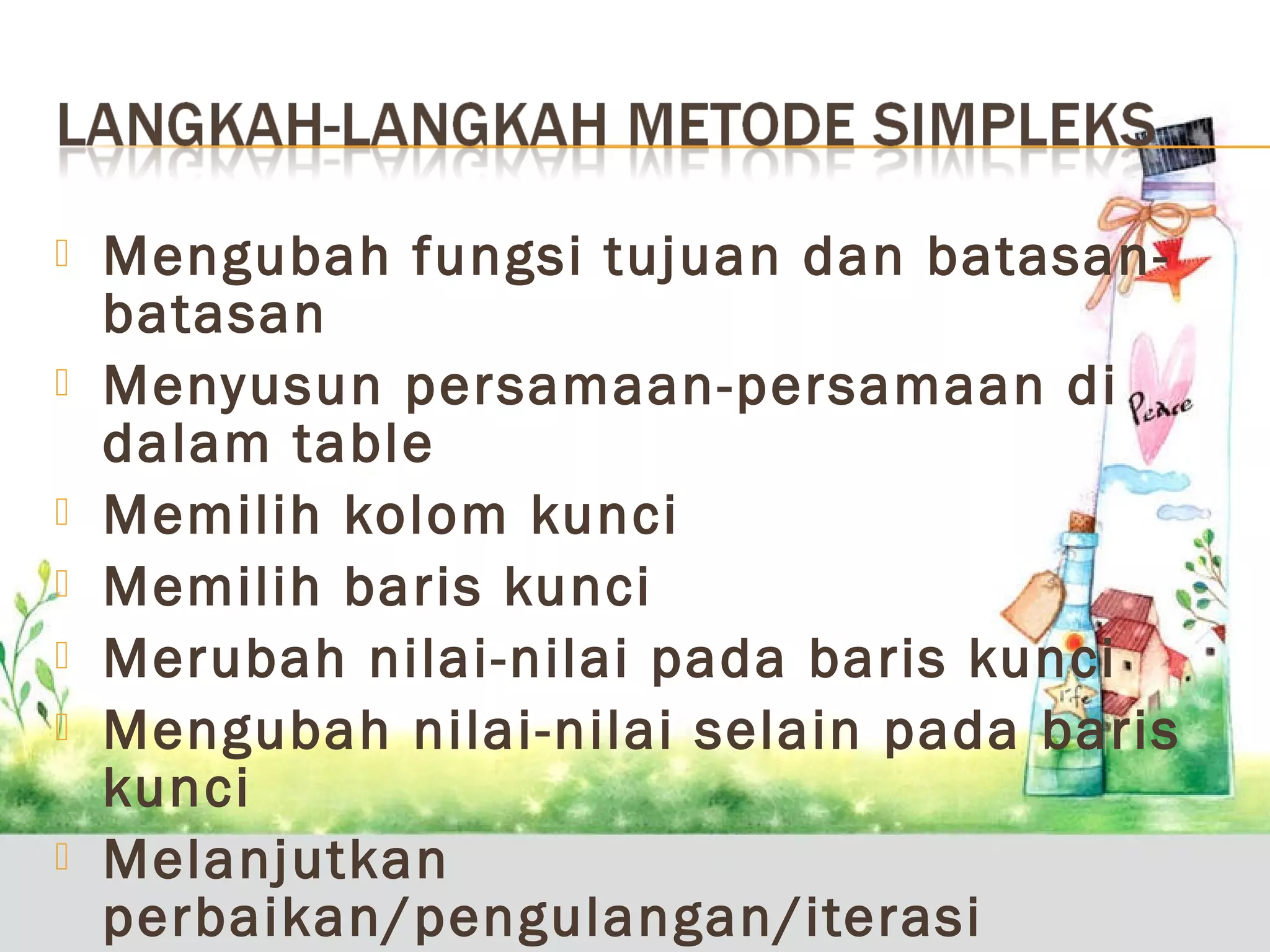 







Mengubah fungsi tujuan dan batasanbatasan
Menyusun persamaan-persamaan di
dalam table
Memilih kolom kunci
Memilih baris kunci
Merubah nilai-nilai pada baris kunci
Mengubah nilai-nilai selain pada baris
kunci
Melanjutkan
perbaikan/pengulangan/iterasi

 