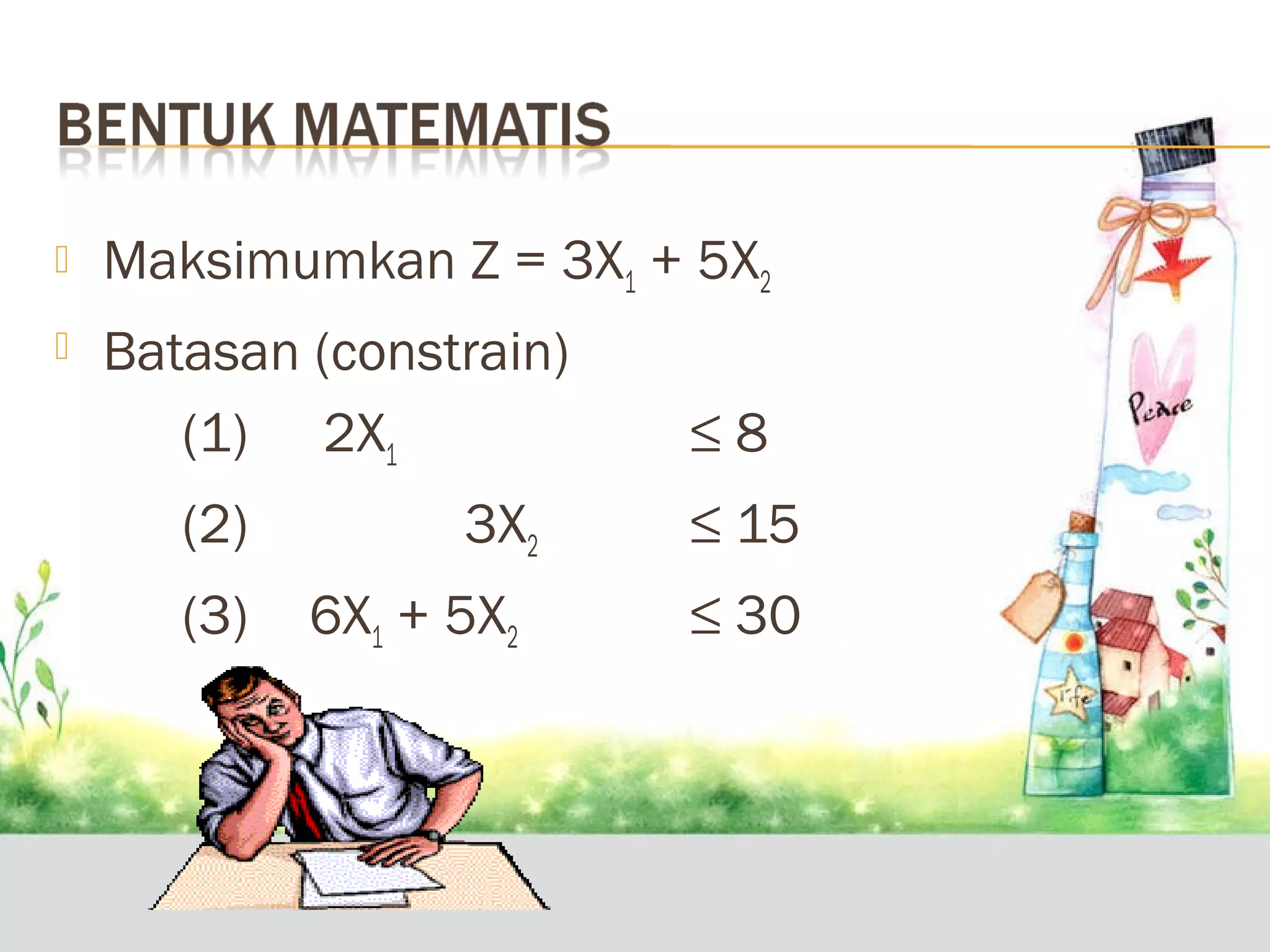 

Maksimumkan Z = 3X1 + 5X2



Batasan (constrain)
(1) 2X1
(2)
(3)

3X2
6X1 + 5X2

≤8
≤ 15
≤ 30

 