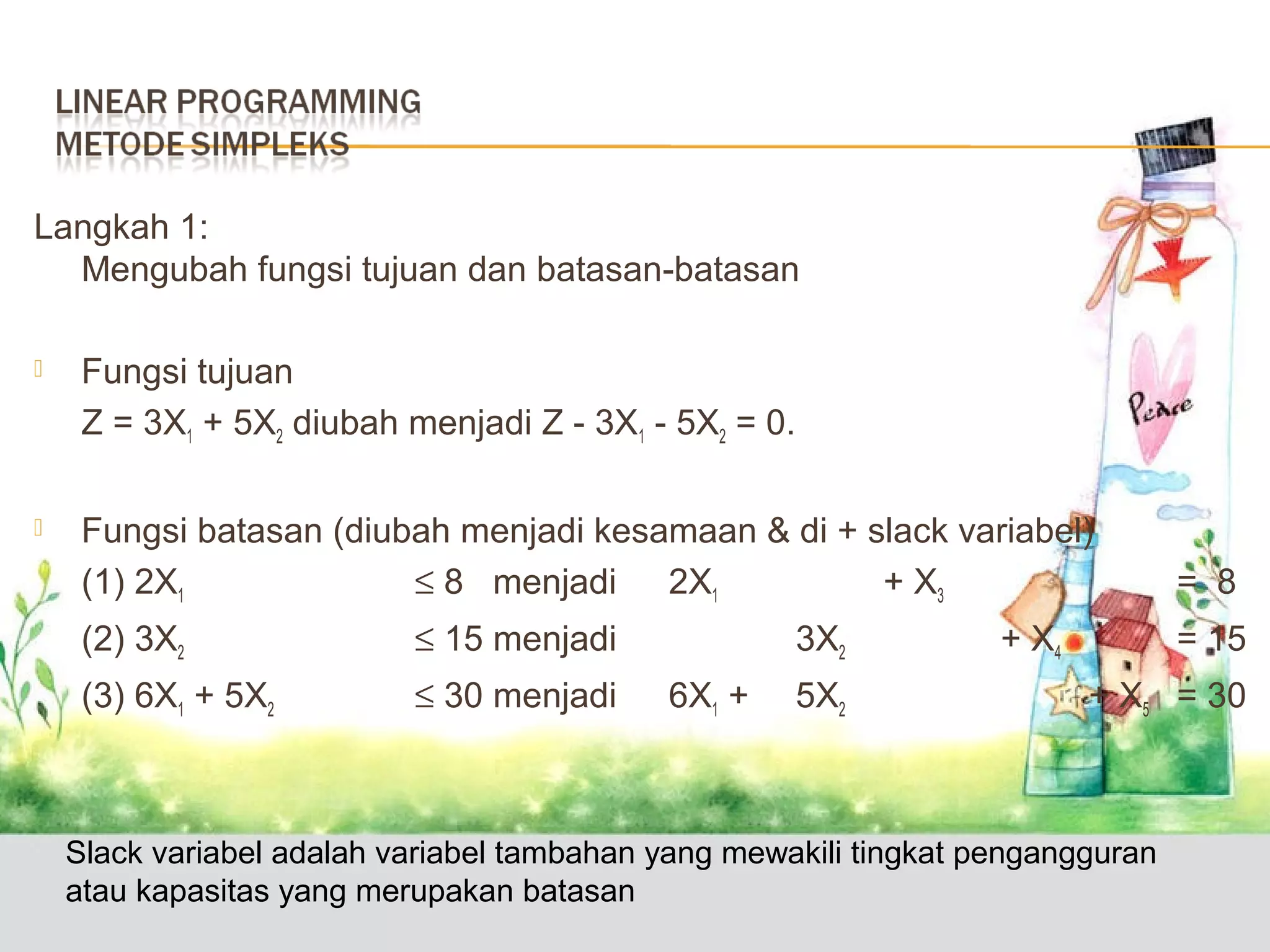 Langkah 1:
Mengubah fungsi tujuan dan batasan-batasan


Fungsi tujuan
Z = 3X1 + 5X2 diubah menjadi Z - 3X1 - 5X2 = 0.



Fungsi batasan (diubah menjadi kesamaan & di + slack variabel)
(1) 2X1
≤ 8 menjadi 2X1
+ X3
(2) 3X2

≤ 15 menjadi

(3) 6X1 + 5X2

≤ 30 menjadi

3X2
6X1 +

5X2

+ X4

= 8
= 15

+ X5 = 30

Slack variabel adalah variabel tambahan yang mewakili tingkat pengangguran
atau kapasitas yang merupakan batasan

 
