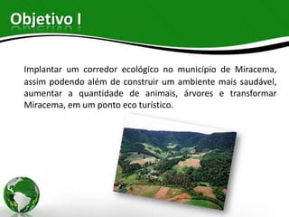 Objetivo I

 Implantar um corredor ecológico no município de Miracema,
 assim podendo além de construir um ambiente mais saudável,
 aumentar a quantidade de animais, árvores e transformar
 Miracema, em um ponto eco turístico.
 
