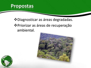 Propostas

 Diagnosticar as áreas degradadas.
 Priorizar as áreas de recuperação
  ambiental.
 
