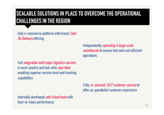 Only e-commerce platform with broad Cash
On Delivery offering
SCALABLE SOLUTIONS IN PLACE TO OVERCOME THE OPERATIONAL
CHALLENGES IN THE REGION
Independently operating 4 large scale
warehouses to ensure fast and cost efficient
operations
Full integration with major logistics carriers
in each country and last-mile own fleet,
enabling superior service level and tracking
capabilities
Fully in-sourced 24/7 customer service to
offer un-paralleled customer experience
Internally developed anti-fraud team with
best-in-class performance
20	
  
 