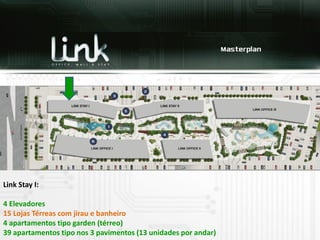 Link Stay I:

4 Elevadores
15 Lojas Térreas com jirau e banheiro
4 apartamentos tipo garden (térreo)
39 apartamentos tipo nos 3 pavimentos (13 unidades por andar)
 