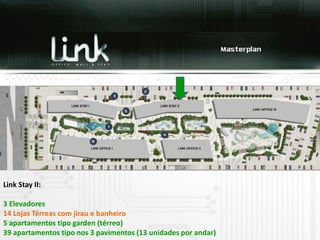 Link Stay II:

3 Elevadores
14 Lojas Térreas com jirau e banheiro
5 apartamentos tipo garden (térreo)
39 apartamentos tipo nos 3 pavimentos (13 unidades por andar)
 