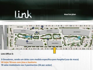 Link Office II:

3 Elevadores, sendo um deles com medida especifica para hospital (uso de maca)
18 Lojas Térreas com jirau e banheiro
78 salas moduláveis nos 3 pavimentos (26 por andar)
 