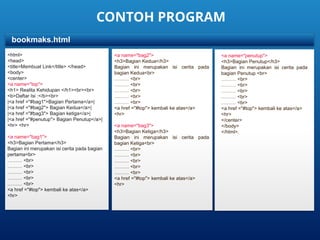 CONTOH PROGRAM
<a name="bag2">
<h3>Bagian Kedua</h3>
Bagian ini merupakan isi cerita pada
bagian Kedua<br>
……… <br>
……… <br>
……… <br>
……… <br>
……… <br>
<a href ="#top"> kembali ke atas</a>
<hr>
<a name="bag3">
<h3>Bagian Ketiga</h3>
Bagian ini merupakan isi cerita pada
bagian Ketiga<br>
……… <br>
……… <br>
……… <br>
……… <br>
……… <br>
<a href ="#top"> kembali ke atas</a>
<hr>
bookmaks.html
<a name="penutup">
<h3>Bagian Penutup</h3>
Bagian ini merupakan isi cerita pada
bagian Penutup <br>
……… <br>
……… <br>
……… <br>
……… <br>
……… <br>
<a href ="#top"> kembali ke atas</a>
<hr>
</center>
</body>
</html>.
<html>
<head>
<title>Membuat Link</title> </head>
<body>
<center>
<a name="top">
<h1> Realita Kehidupan </h1><br><br>
<b>Daftar Isi :</b><br>
|<a href ="#bag1">Bagian Pertama</a>|
|<a href ="#bag2"> Bagian Kedua</a>|
|<a href ="#bag3"> Bagian ketiga</a>|
|<a href ="#penutup"> Bagian Penutup</a>|
<hr> <hr>
<a name="bag1">
<h3>Bagian Pertama</h3>
Bagian ini merupakan isi cerita pada bagian
pertama<br>
……… <br>
……… <br>
……… <br>
……… <br>
……… <br>
<a href ="#top"> kembali ke atas</a>
<hr>
 