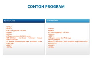 CONTOH PROGRAM
<HTML>
<HEAD>
<TITLE> Hyperlink2 </TITLE>
</HEAD>
<BODY>
Ini Bagian kedua dari Web saya.
<BR><CENTER>
<A href=”halaman1.html”>kembali Ke Halaman 1</A>
</CENTER>
</BODY>
</HTML>
halaman2.html
<HTML>
<HEAD>
<TITLE> Hyperlink </TITLE>
</HEAD>
<BODY>
Ini Bagian pertama dari Web saya.
<BR>Silahkan membaca halaman kedua
<BR><CENTER>
<A href=”halaman2.html”>Ke Halaman 2</A>
</CENTER>
</BODY>
</HTML>
halaman1.html
 