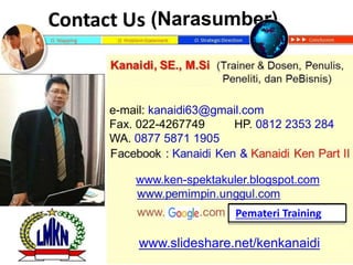 `
www.slideshare.net/kenkanaidi
(Narasumber)
www.ken-spektakuler.blogspot.com
e-mail: kanaidi63@gmail.com
Fax. 022-4267749 HP. 0812 2353 284
WA. 0877 5871 1905
Pemateri Training
 