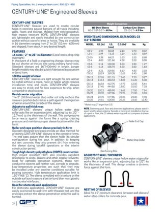 24
MADE IN AMERICA
CENTURY-LINE® Engineered Sleeves
CENTURY-LINE® SLEEVES
CENTURY-LINE® Sleeves are used to create circular
holes in concrete poured barriers of all types including;
walls, floors and ceilings. Molded from non-conductive,
high impact resistant HDPE, CENTURY-LINE® sleeves
are lightweight and easily installed by one construction
worker without use of cranes or hoists. They are available
in 16 diameters ranging from 2” to 25” (51mm - 635mm)
and shipped, from stock, in any desired length.
FEATURES
16 sizes - 2” to 25” in diameter (Local stock, drop ship
overnight)
In the event of a field or engineering change, sleeves may
be cut shorter at the job site using ordinary hand tools.
Standard sleeves are 16” (406mm) in length. Longer
length models may also be quickly fabricated as a custom
ordered item.
1/8 the weight of steel
CENTURY-LINE® sleeves are light enough for one worker
to install without a crane, hoist or helper which reduces
installation time and costs. CENTURY-LINE® sleeves
are easy to stock and far less expensive to ship, when
compared to steel sleeves.
Resists water migration
The 2” (50.8mm) water stop collar not only anchors the
sleeve in position but creates a path against the migration
of water around the outside of the sleeve.
Adjusts to wall thickness
CENTURY-LINE® sleeves’ unique hollow water stop
collar acts like an expansion joint, adjusting (up to 1/2” -
12.7mm) to the thickness of the wall. This compressive
force reacts against the forms like a spring, creating
pressure and maintains proper sleeve location within the
form.
Nailer end caps position sleeve precisely in form
Specially designed end caps provide an ideal method for
attaching CENTURY-LINE® sleeves to the concrete forms.
The end caps assure that the sleeve holds its circular
configuration during the pour. In addition to keeping
out wet concrete, they also prevent dirt from entering
the sleeve during backfill operations or the interim
construction period.
Tough high density polyethylene (HDPE) construction
High impact resistant HDPE also provides excellent
resistance to acids, alkalins and other organic solvents.
Ideal for cathodic protection systems, these non-
conductive sleeves will neither rust, corrode or degrade.
Low-temperature properties are such that they may
be installed under any weather conditions suitable for
pouring concrete. High temperature application limit is
150˚F (66˚C). The sleeve is molded with a texture on the
outside surface to assure a better bond than most plastic
to concrete interfaces.
Used for shotcrete wall applications
For shotcrete applications, CENTURY-LINE® sleeves are
easily positioned to wall form with threaded rod, and the
end caps protect the sleeve penetration while the wall is
formed.
Weight Comparison
WS Steel Sleeve
WS-12-37-S-12 = 60 lbs.
Century-Line®
Sleeve
CS-12-12 = 6.5 lbs.
MODEL I.D. (ln) I.D.
(mm)
O.D. (ln)* lbs. Kg.
CS-2
CS-3
1.98
2.94
50.04
73.15
2.13
3.19
0.70
1.30
0.32
0.59
CS-3½
CS-4
3.38
4.03
84.07
101.60
3.63
4.38
1.50
2.00
0.68
0.90
CS-5
CS-6
5.14
6.14
130.30
155.70
5.50
6.50
2.80
3.60
1.27
1.63
CS-8
CS-10
8.21
10.19
209.55
260.35
8.63
10.63
4.80
6.40
2.18
2.90
CS-12
CS-14
12.26
14.14
311.15
360.43
12.63
14.69
7.20
11.20
3.27
5.08
CS-16
CS-18
16.18
17.45
412.75
444.50
16.75
18.00
12.00
15.50
5.44
7.03
CS-20
CS-22
19.12
20.32
485.90
527.05
19.63
21.25
17.50
21.00
7.94
9.53
CS-24
CS-25
22.76
24.81
577.85
628.65
23.25
25.25
22.00
23.00
9.98
10.43
WEIGHTS AND DIMENSIONAL DATA MODEL CS
(16” LENGTH)
NOTE: Swimming pool, floor and shotcrete applications; please specify
exact lengths when ordering. Typically, a form is not installed on the top
of a pool or floor, the CS sleeve water stop will not compress in these
applications.
Nailer End Cap
Water Stop Collar
Reinforcing Ribs
ADJUSTS TO WALL THICKNESS
CENTURY-LINE® sleeves unique hollow water stop collar
works like an expansion joint, adjusting (up to 1/2”) to
the thickness of wall. This design creates a dynamic
force against the form.
NESTING OF SLEEVES
Allow for a 2” minimum clearance between wall sleeves/
water-stop collars for concrete pour.
* Water stop 2" larger than O.D.
Piping Specialties, Inc. | www.psi-team.com | 800-223-1468
 