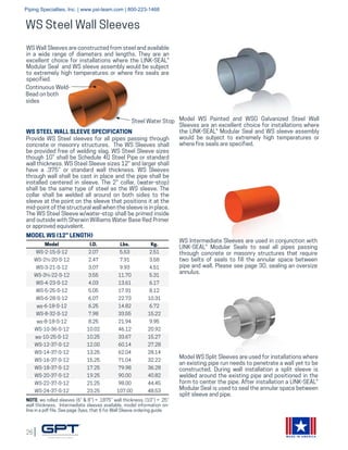 26
MADE IN AMERICA
Continuous Weld-
Bead on both
sides
Steel Water Stop
WS Wall Sleeves are constructed from steel and available
in a wide range of diameters and lengths. They are an
excellent choice for installations where the LINK-SEAL®
Modular Seal and WS sleeve assembly would be subject
to extremely high temperatures or where fire seals are
specified.
WS STEEL WALL SLEEVE SPECIFICATION
Provide WS Steel sleeves for all pipes passing through
concrete or masonry structures. The WS Sleeves shall
be provided free of welding slag. WS Steel Sleeve sizes
though 10” shall be Schedule 40 Steel Pipe or standard
wall thickness. WS Steel Sleeve sizes 12” and larger shall
have a .375” or standard wall thickness. WS Sleeves
through wall shall be cast in place and the pipe shall be
installed centered in sleeve. The 2” collar, (water-stop)
shall be the same type of steel as the WS sleeve. The
collar shall be welded all around on both sides to the
sleeve at the point on the sleeve that positions it at the
mid-point of the structural wall when the sleeve is in place.
The WS Steel Sleeve w/water-stop shall be primed inside
and outside with Sherwin Williams Water Base Red Primer
or approved equivalent.
Model I.D. Lbs. Kg.
WS-2-15-S-12 2.07 5.53 2.51
WS-2½-20-S-12 2.47 7.91 3.58
WS-3-21-S-12 3.07 9.93 4.51
WS-3½-22-S-12 3.55 11.70 5.31
WS-4-23-S-12 4.03 13.61 6.17
WS-5-25-S-12 5.05 17.91 8.12
WS-6-28-S-12 6.07 22.73 10.31
ws-6-18-S-12 6.25 14.82 6.72
WS-8-32-S-12 7.98 33.55 15.22
ws-8-18-S-12 8.25 21.94 9.95
WS-10-36-S-12 10.02 46.12 20.92
ws-10-25-S-12 10.25 33.67 15.27
WS-12-37-S-12 12.00 60.14 27.28
WS-14-37-S-12 13.25 62.04 28.14
WS-16-37-S-12 15.25 71.04 32.22
WS-18-37-S-12 17.25 79.98 36.28
WS-20-37-S-12 19.25 90.00 40.82
WS-22-37-S-12 21.25 98.00 44.45
WS-24-37-S-12 23.25 107.00 48.53
MODEL WS (12” LENGTH)
NOTE: ws rolled sleeves (6” & 8”) = .1875” wall thickness; (10”) = .25”
wall thickness. Intermediate sleeves available, model information on-
line in a pdf file. See page 3yes, that 6 for Wall Sleeve ordering guide
Model WS Painted and WSG Galvanized Steel Wall
Sleeves are an excellent choice for installations where
the LINK-SEAL® Modular Seal and WS sleeve assembly
would be subject to extremely high temperatures or
where fire seals are specified.
WS Intermediate Sleeves are used in conjunction with
LINK-SEAL® Modular Seals to seal all pipes passing
through concrete or masonry structures that require
two belts of seals to fill the annular space between
pipe and wall. Please see page 30, sealing an oversize
annulus.
Model WS Split Sleeves are used for installations where
an existing pipe run needs to penetrate a wall yet to be
constructed. During wall installation a split sleeve is
welded around the existing pipe and positioned in the
form to center the pipe. After installation a LINK-SEAL®
Modular Seal is used to seal the annular space between
split sleeve and pipe.
WS Steel Wall Sleeves
Piping Specialties, Inc. | www.psi-team.com | 800-223-1468
 