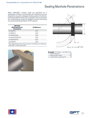 31
MADE IN AMERICA
Sealing Manhole Penetrations
LINK-SEAL®
Model Selected for
Penetrations
(Te) Minimum
LS-200/275 2.25"
LS-300/315 3.00"
LS-325/340/360 4.00"
LS-400/410/425/475 5.00"
LS-500/525/575 5.00"
LS-615/650 6.00"
(Te) = Required bearing surface based on the footprint of respective
LINK-SEAL® modular seal model.
When LINK-SEAL® modular seals are specified for a
penetration through a curved wall, the thickness must be
checked to assure an adequate sealing surface. A minimum
(effective) wall thickness (Te) is required. This can be found
by a scale drawing, using the adjacent formula, contacting
your local stocking distributor or GPT directly.
Example: 3" DI Pipe = LS-315-C-10
t = wall thickness................................ 5"
r = wall outside radius......................29"
c = penetration opening I.D............... 6"
r
t
c
Te
Te = t - (r - ½ √ 4r2
- c2
)
Piping Specialties, Inc. | www.psi-team.com | 800-223-1468
 
