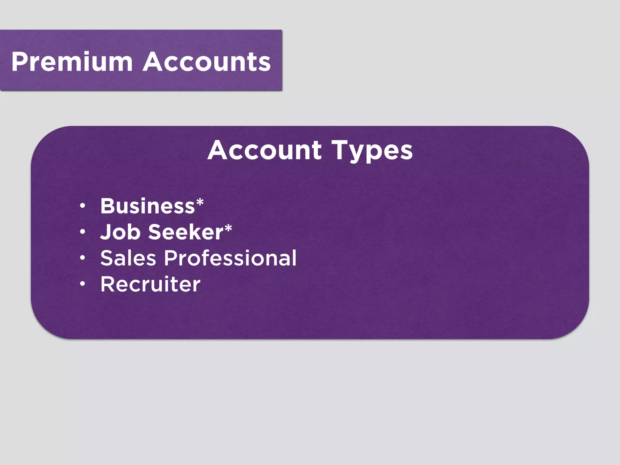 Premium Accounts
Account Types
• Business*
• Job Seeker*
• Sales Professional
• Recruiter
 