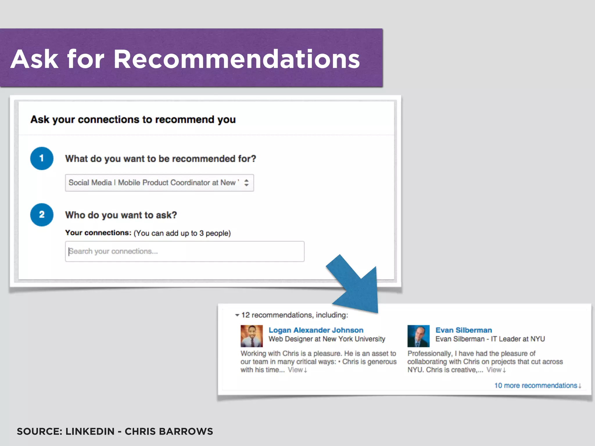 Ask for Recommendations
SOURCE: LINKEDIN - CHRIS BARROWS
 