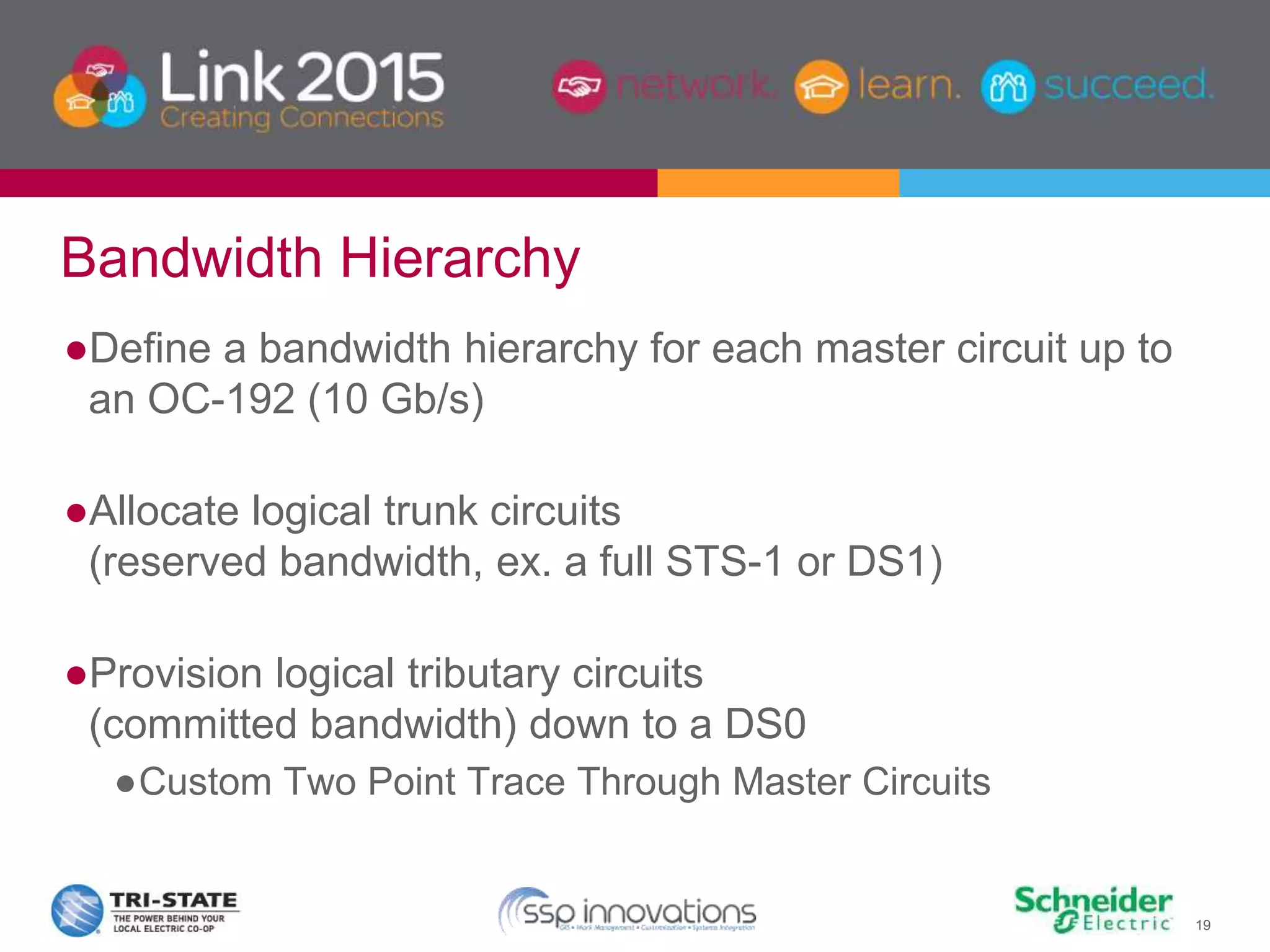 19
●Define a bandwidth hierarchy for each master circuit up to
an OC-192 (10 Gb/s)
●Allocate logical trunk circuits
(reserved bandwidth, ex. a full STS-1 or DS1)
●Provision logical tributary circuits
(committed bandwidth) down to a DS0
●Custom Two Point Trace Through Master Circuits
Bandwidth Hierarchy
 
