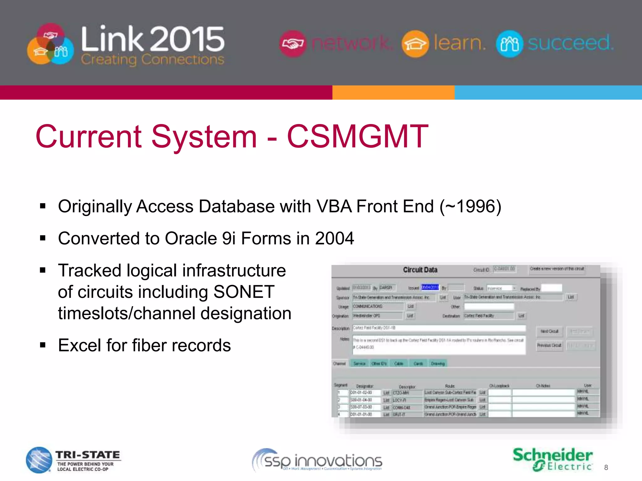 8
 Originally Access Database with VBA Front End (~1996)
 Converted to Oracle 9i Forms in 2004
 Tracked logical infrastructure
of circuits including SONET
timeslots/channel designation
 Excel for fiber records
Current System - CSMGMT
 