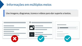 Informações em múltiplos meios
Use imagens, diagramas, ícones e vídeos para dar suporte a textos.
 