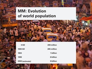 MM: Evolution
of world population
0 AD 200 million
1000 AD 265 million
1804 1 billion
1999 6 billion
2050 (estimate) 9 billion
conrad-bercahDörfer-Großstadt 1/5