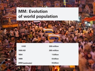 MM: Evolution
of world population
0 AD	 200 million
1000 AD	 265 million
1804		 1 billion
1999		 6 billion
2050 (estimate)	 9 billion
conrad-bercahDörfer-Großstadt 1/5
 
