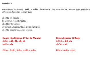 Exercício 3
Cruzando-se indivíduos AaBb e aabb obtiveram-se descendentes de apenas dois genótipos
diferentes. Podemos concluir que:
a) estão em ligação;
b) sofreram recombinação;
c) estão interagindo;
d) formam um conjunto de alelos múltiplos;
e) estão nos cromossomos sexuais.
Genes não ligados: 2º Lei de Mendel
AaBb = AB, Ab, aB, ab
aabb = ab
Filhos: AaBb, Aabb, aaBb e aabb.
Genes ligados: Linkage
AB/ab = AB, ab
ab/ab = ab
Filhos: AaBb, aabb.
 