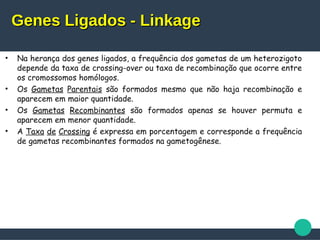 • Na herança dos genes ligados, a frequência dos gametas de um heterozigoto
depende da taxa de crossing-over ou taxa de recombinação que ocorre entre
os cromossomos homólogos.
• Os Gametas Parentais são formados mesmo que não haja recombinação e
aparecem em maior quantidade.
• Os Gametas Recombinantes são formados apenas se houver permuta e
aparecem em menor quantidade.
• A Taxa de Crossing é expressa em porcentagem e corresponde a frequência
de gametas recombinantes formados na gametogênese.
Genes Ligados - LinkageGenes Ligados - Linkage
 