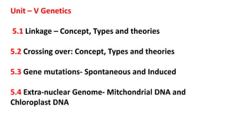 Unit – V Genetics
5.1 Linkage – Concept, Types and theories
5.2 Crossing over: Concept, Types and theories
5.3 Gene mutations- Spontaneous and Induced
5.4 Extra-nuclear Genome- Mitchondrial DNA and
Chloroplast DNA
 