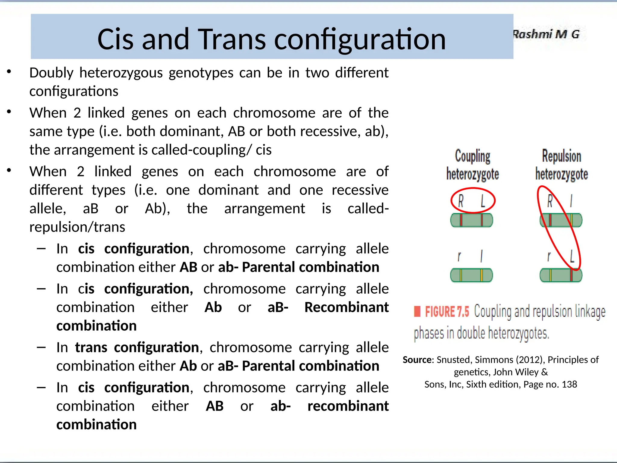 Cis and Trans configuration
Source: Snusted, Simmons (2012), Principles of
genetics, John Wiley &
Sons, Inc, Sixth edition, Page no. 138
• Doubly heterozygous genotypes can be in two different
configurations
• When 2 linked genes on each chromosome are of the
same type (i.e. both dominant, AB or both recessive, ab),
the arrangement is called-coupling/ cis
• When 2 linked genes on each chromosome are of
different types (i.e. one dominant and one recessive
allele, aB or Ab), the arrangement is called-
repulsion/trans
– In cis configuration, chromosome carrying allele
combination either AB or ab- Parental combination
– In cis configuration, chromosome carrying allele
combination either Ab or aB- Recombinant
combination
– In trans configuration, chromosome carrying allele
combination either Ab or aB- Parental combination
– In cis configuration, chromosome carrying allele
combination either AB or ab- recombinant
combination
 