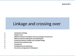 Linkage and crossing over
1. Introduction to linkage
2. Morgan’s work
3. Difference between homologous and non homologous chromosomes
4. Difference between linked genes and unlinked genes
5. Comparison between complete and incomplete linkage
6. Parental and recombinant types
7. Crossing over
8. Cytological basis of crossing over
9. Cis and trans configuration of linked genes
 