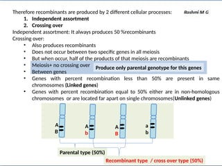 Therefore recombinants are produced by 2 different cellular processes:
1. Independent assortment
2. Crossing over
Independent assortment: It always produces 50 %recombinants
Crossing over:
• Also produces recombinants
• Does not occur between two specific genes in all meiosis
• But when occur, half of the products of that meiosis are recombinants
• Meiosis+ no crossing over
• Between genes
• Genes with percent recombination less than 50% are present in same
chromosomes (Linked genes)
• Genes with percent recombination equal to 50% either are in non-homologous
chromosomes or are located far apart on single chromosomes(Unlinked genes)
Produce only parental genotype for this genes
A
b
A
B
A
B
a
b
Parental type (50%)
Recombinant type / cross over type (50%)
 