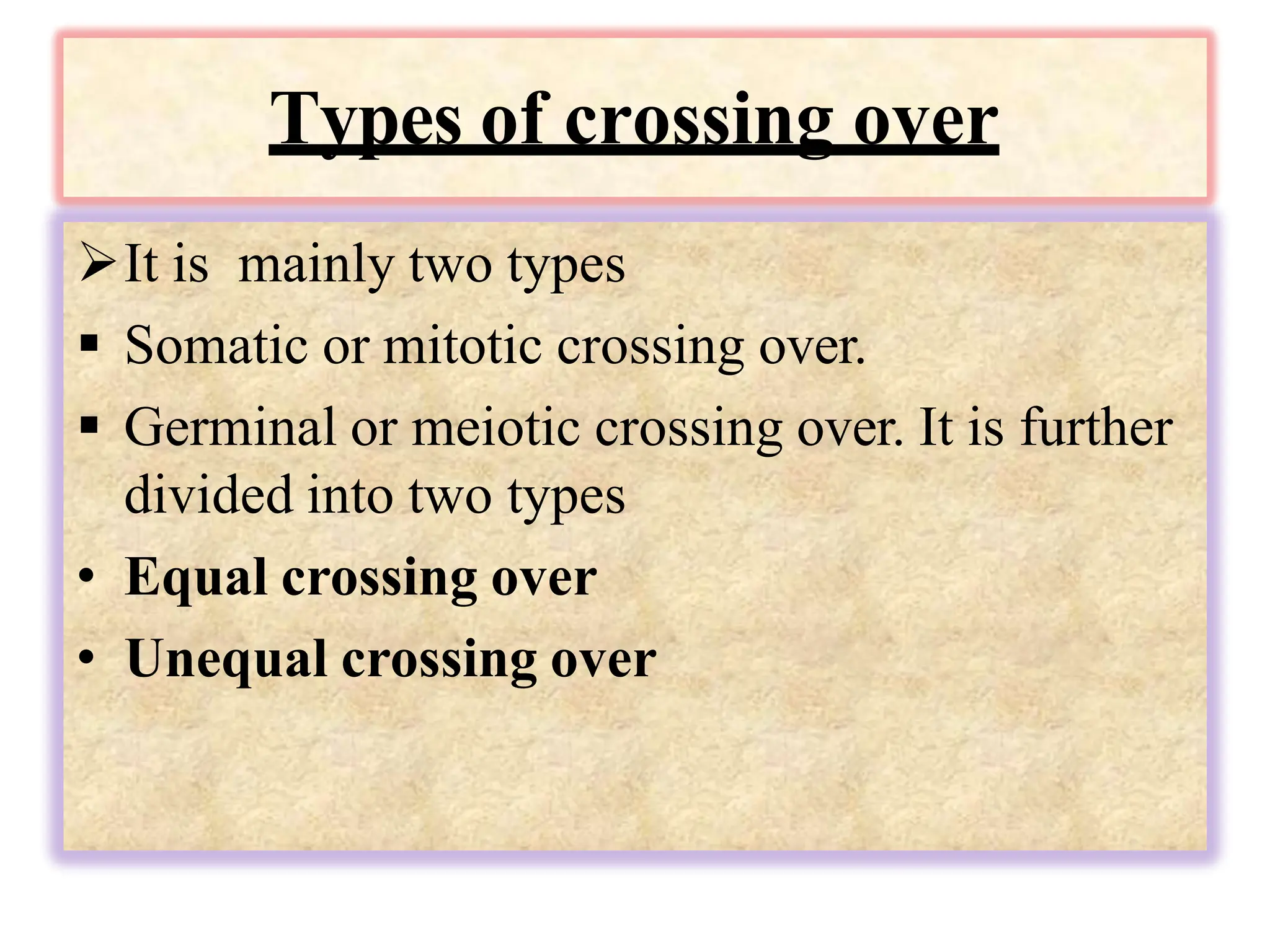 Types of crossing over
It is mainly two types
 Somatic or mitotic crossing over.
 Germinal or meiotic crossing over. It is further
divided into two types
• Equal crossing over
• Unequal crossing over
 