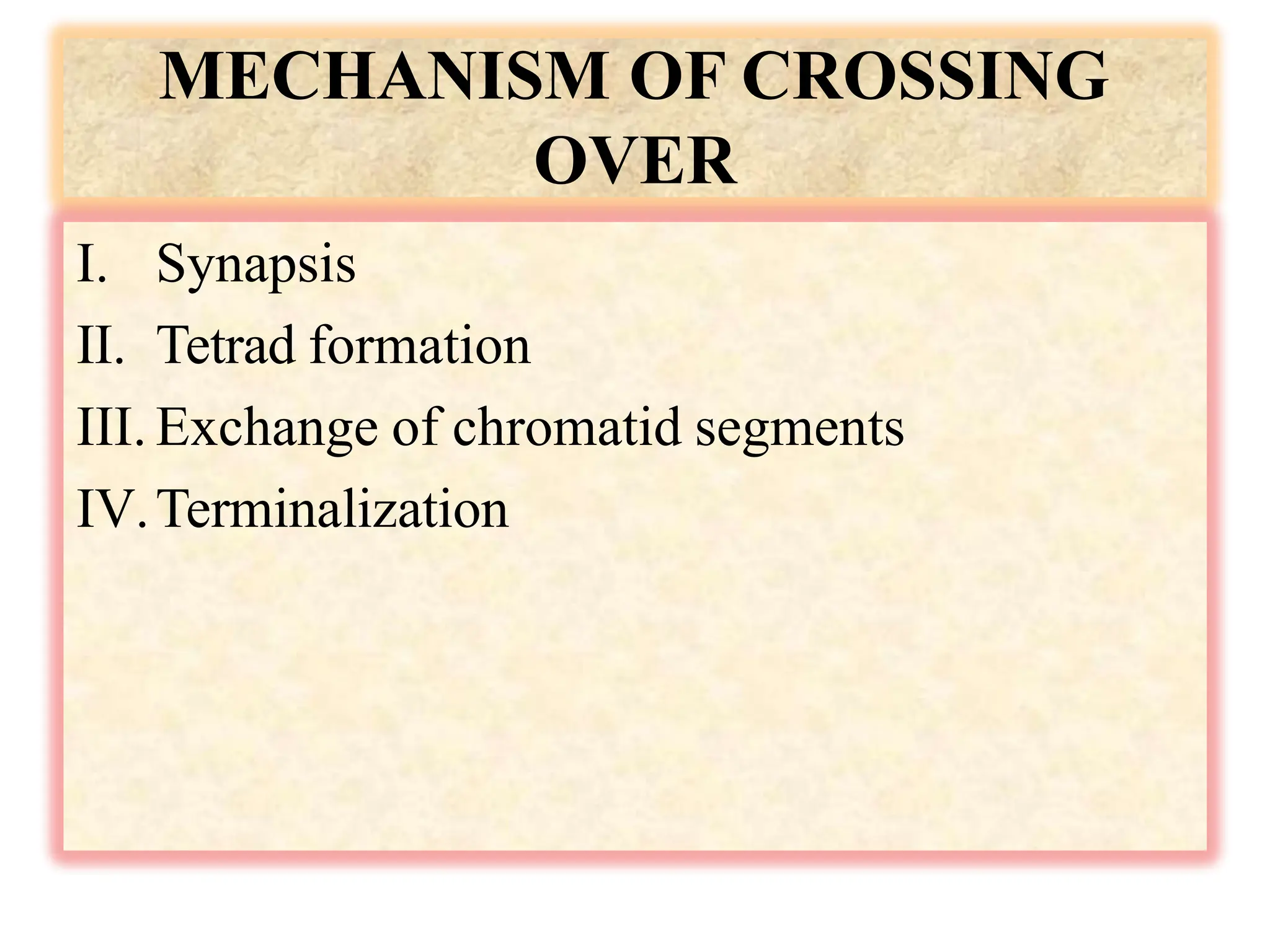 MECHANISM OF CROSSING
OVER
I. Synapsis
II. Tetrad formation
III. Exchange of chromatid segments
IV.Terminalization
 