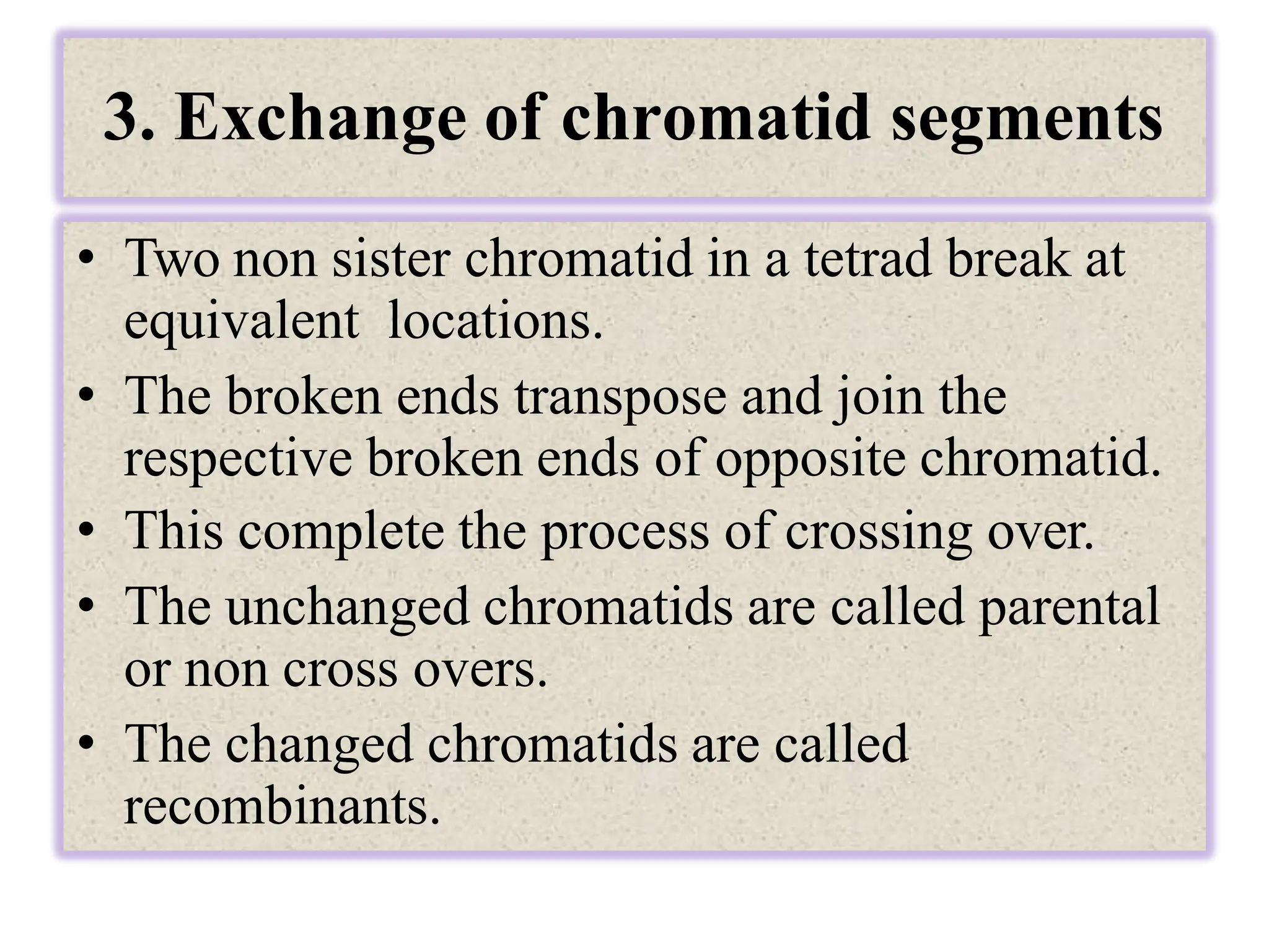 3. Exchange of chromatid segments
• Two non sister chromatid in a tetrad break at
equivalent locations.
• The broken ends transpose and join the
respective broken ends of opposite chromatid.
• This complete the process of crossing over.
• The unchanged chromatids are called parental
or non cross overs.
• The changed chromatids are called
recombinants.
 