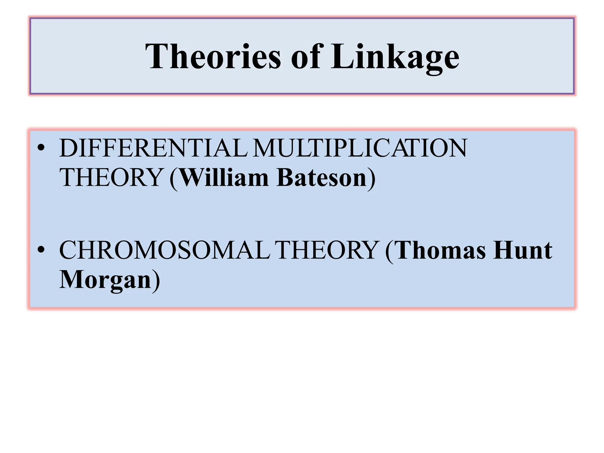 Theories of Linkage
• DIFFERENTIAL MULTIPLICA
TION
THEORY (William Bateson)
• CHROMOSOMALTHEORY (Thomas Hunt
Morgan)
 