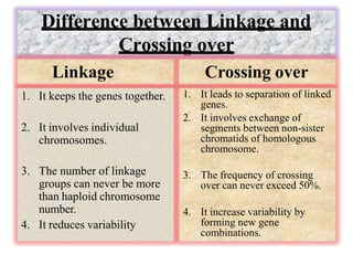 Difference between Linkage and
Crossing over
1. It keeps the genes together.
2. It involves individual
chromosomes.
3. The number of linkage
groups can never be more
than haploid chromosome
number.
4. It reduces variability
Linkage Crossing over
1. It leads to separation of linked
genes.
2. It involves exchange of
segments between non-sister
chromatids of homologous
chromosome.
3. The frequency of crossing
over can never exceed 50%.
4. It increase variability by
forming new gene
combinations.
 