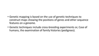 • Genetic mapping is based on the use of genetic techniques to
construct maps showing the positions of genes and other sequence
features on a genome.
• Genetic techniques include cross-breeding experiments or, Case of
humans, the examination of family histories (pedigrees).
 