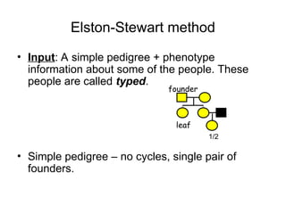 Elston-Stewart method
• Input: A simple pedigree + phenotype
information about some of the people. These
people are called typed.
• Simple pedigree – no cycles, single pair of
founders.
founder
leaf
1/2
 