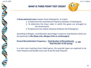 18
June 27, 2020
WHAT IS THREE POINT TEST CROSS?
Dr. A. S. Wabale
A three-point test cross involves three linked genes. It is done
1. To determine the recombinant frequency between 2 linked genes.
2. To determine the linear order in which the genes are arranged on
the chromosome
3. To determine the relative distances between the linked genes
According to Morgan, recombination percentage is equal to map distance which can
be expressed as Mu (Map units, Morgan Units or centimorgan)
In a test cross involving three linked genes, the parental types are expected to be
more frequent and double cross over to be the least frequent.
Percent Recombination Frequency = Total Number of Recombinants
Total Number of off springs
X 100
 