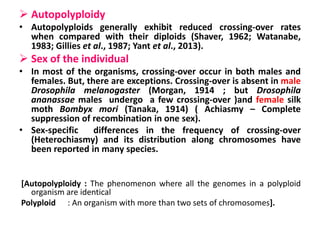  Autopolyploidy
• Autopolyploids generally exhibit reduced crossing-over rates
when compared with their diploids (Shaver, 1962; Watanabe,
1983; Gillies et al., 1987; Yant et al., 2013).
 Sex of the individual
• In most of the organisms, crossing-over occur in both males and
females. But, there are exceptions. Crossing-over is absent in male
Drosophila melanogaster (Morgan, 1914 ; but Drosophila
ananassae males undergo a few crossing-over )and female silk
moth Bombyx mori (Tanaka, 1914) ( Achiasmy – Complete
suppression of recombination in one sex).
• Sex-specific differences in the frequency of crossing-over
(Heterochiasmy) and its distribution along chromosomes have
been reported in many species.
[Autopolyploidy : The phenomenon where all the genomes in a polyploid
organism are identical
Polyploid : An organism with more than two sets of chromosomes].
 