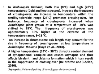 • In Arabidopsis thaliana, both low (8°C) and high (28°C)
temperatures (Cold and heat stresses), increase the frequency
of crossing-over. An increase in temperature within the
fertility-tolerable range (28°C) promotes crossing-over. For
instance, frequency of crossing-over increased when
Arabidopsis plant grown at a temperature of 20°C was
shifted to 28°C. The frequency of crossing-over was
approximately 10% higher at the extreme of the
temperature range, 8–28 °C.
• An increase in chromosome axis length may account for the
rise in frequency of crossing-over at low temperature in
Arabidopsis thaliana (Lloyd et. al., 2018).
• A higher temperature (32°C - 38°C) disrupts central element
of synaptonemal complex and causes asynapsis and thus
affects bivalent and chiasma formation which in turn result
in the suppression of crossing-over (De Storme and Geelen,
2020).
[Asynapsis : Failure of pairing of homologous chromosomes]
 