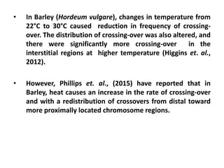 • In Barley (Hordeum vulgare), changes in temperature from
22°C to 30°C caused reduction in frequency of crossing-
over. The distribution of crossing-over was also altered, and
there were significantly more crossing-over in the
interstitial regions at higher temperature (Higgins et. al.,
2012).
• However, Phillips et. al., (2015) have reported that in
Barley, heat causes an increase in the rate of crossing-over
and with a redistribution of crossovers from distal toward
more proximally located chromosome regions.
 