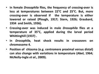• In female Drosophila flies, the frequency of crossing-over is
less at temperatures between 22°C and 25°C. But, more
crossing-over is observed if the temperature is either
lowered or raised (Plough, 1917; Stern, 1926; Graubard,
1934 and Smith, 1936).
• Crossing-over was induced in male Drosophila flies at a
temperature of 35°C, applied during the larval period
Whittinghill (1937) .
• In Drosophila, heat shock results in crossovers on
chromosome 4.
• Position of chiasma (e.g. centromere proximal versus distal)
can also change with variations in temperature (Abel, 1964;
McNelly-Ingle et al., 2009).
 