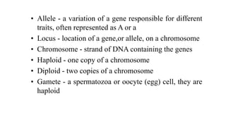 • Allele - a variation of a gene responsible for different
traits, often represented as A or a
• Locus - location of a gene,or allele, on a chromosome
• Chromosome - strand of DNA containing the genes
• Haploid - one copy of a chromosome
• Diploid - two copies of a chromosome
• Gamete - a spermatozoa or oocyte (egg) cell, they are
haploid
 