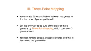 III. Three-Point Mapping
• You can add % recombination between two genes to
find the order of genes pretty well.
• But the only way to be sure of the order of three
genes is by Three-Point Mapping, which considers 3
genes at once.
• You look for rare double-crossover events, and that is
the clue to the gene order.
 