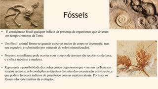 Fósseis
• É considerado fóssil qualquer indício da presença de organismos que viveram
em tempos remotos da Terra.
• Um fóssil animal forma-se quando as partes moles do corpo se decompõe, mas
seu esqueleto é substituído por minerais do solo (mineralização).
• Processo semelhante pode ocorrer com troncos de árvores são recobertos de lava,
e a sílica substitui a madeira.
• Representa a possibilidade de conhecermos organismos que viveram na Terra em
tempos remotos, sob condições ambientais distintas das encontradas atualmente, e
que podem fornecer indícios de parentesco com as espécies atuais. Por isso, os
fósseis são testemunhos da evolução.
 