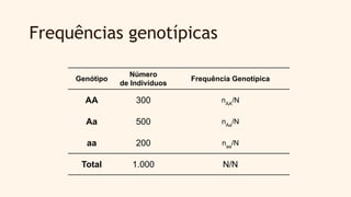 Frequências genotípicas
Genótipo
Número
de Indivíduos
Frequência Genotípica
AA 300 nAA
/N
Aa 500 nAa
/N
aa 200 naa
/N
Total 1.000 N/N
 