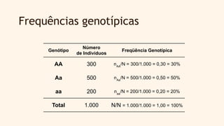 Frequências genotípicas
Genótipo
Número
de Indivíduos
Freqüência Genotípica
AA 300 nAA
/N = 300/1.000 = 0,30 = 30%
Aa 500 nAa
/N = 500/1.000 = 0,50 = 50%
aa 200 naa
/N = 200/1.000 = 0,20 = 20%
Total 1.000 N/N = 1.000/1.000 = 1,00 = 100%
 